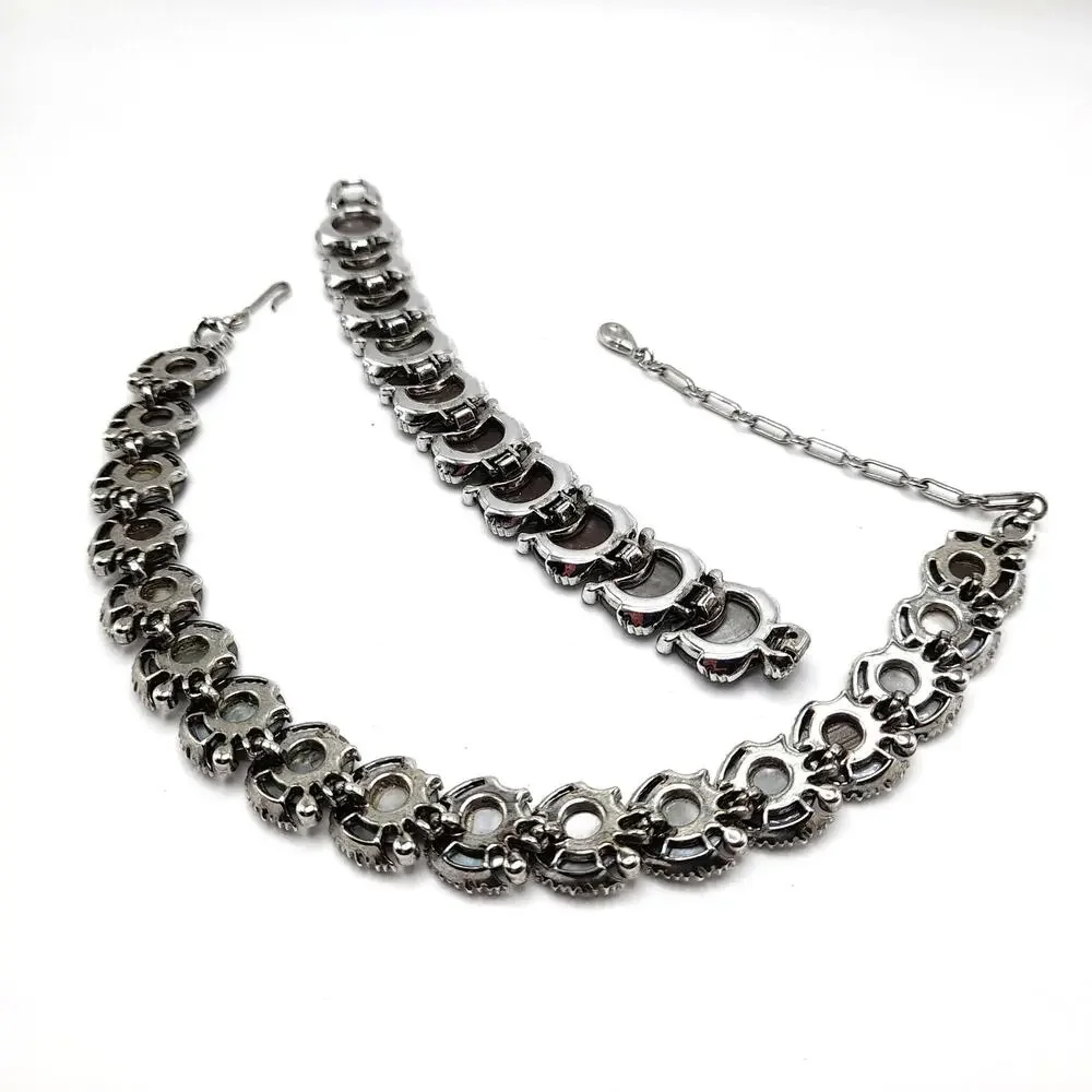 Vintage Lisner Mother of Pearl Necklace Bracelet Set, 1960s Rhinestone Jewelry